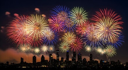 Spectacular Fireworks Display Over City Skyline at Night