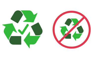 Obraz premium Recycle symbol checkmark prohibition icon set, flat vector environment concept