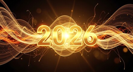 Golden 2026 New Year Design with Abstract Light Waves