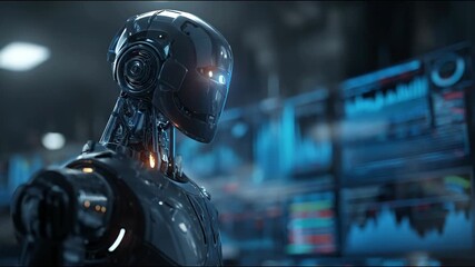Advanced humanoid robot analyzing complex data on multiple holographic screens in a futuristic lab. - Powered by Adobe