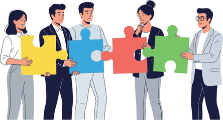 Team of people holding puzzle pieces together