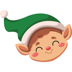 Close Up Of A Cute Cartoon Elf Face Smiling Wearing A Green Hat With A White Pom Pom And Red Nose On A Transparent Background