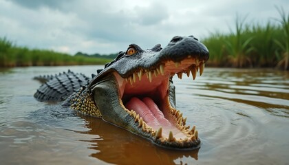 Obraz premium Aggressive alligator with open mouth and sharp teeth emerges from murky water. Its fearsome jaws display pink tongue and deadly fangs. Reptile lurks near green reeds under overcast sky.