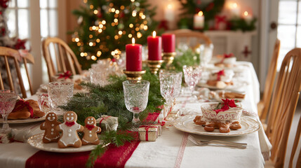Fototapeta premium Beautiful Christmas Table Setting in Festive Living Room Holiday Decor Inspiration