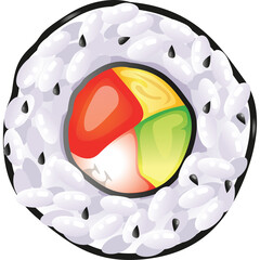 Close up of a colorful sushi roll with white rice and black sesame seeds on a transparent background detailed Japanese cuisine food illustration