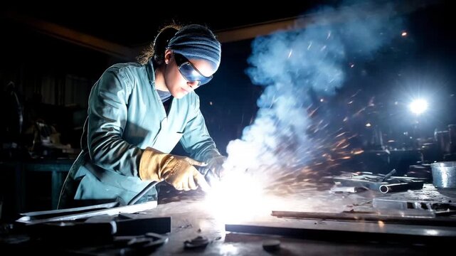 A close-up of a female welder wearing protective goggles working with metal. Bright flames, sparks, and smoke erupt. The theme is industry, the working class, and gender equality.