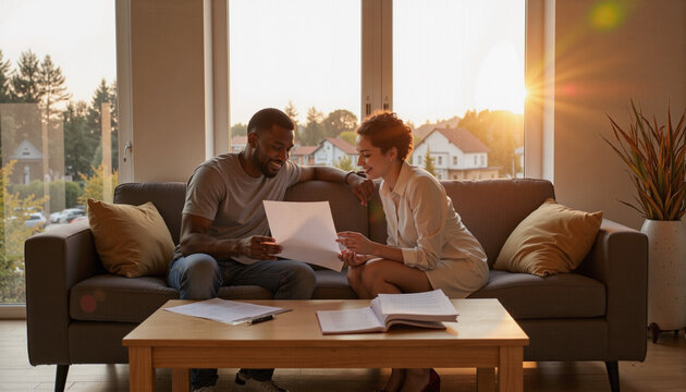 Couple reviewing documents together on sofa in evening sunlight  