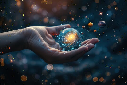 close-up hand cradles vibrant galaxy filled with swirling stars and planets against dark cosmic backdrop. scene conveys a sense of wonder and vastness of the universe