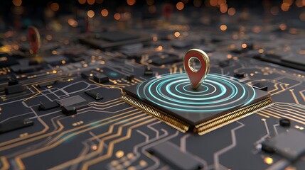 Dynamic digital map pin pulses on glowing circuit board connecting global technology and location services for innovation