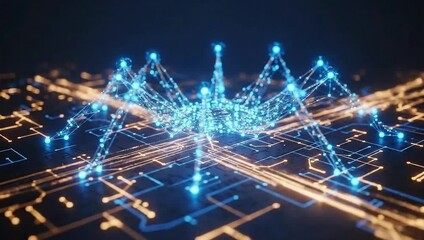 Futuristic Digital Network Spider on Circuit Board Background technology data - Powered by Adobe