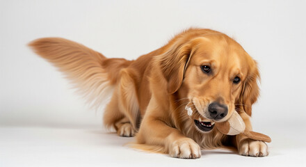 Beautiful Golden Retriever Chewing on Bone Treat with Focused Joy
A warm and appealing, horizontal studio portrait of a purebred Golden Retriever dog happily occupying itself with a chew toy or bone 