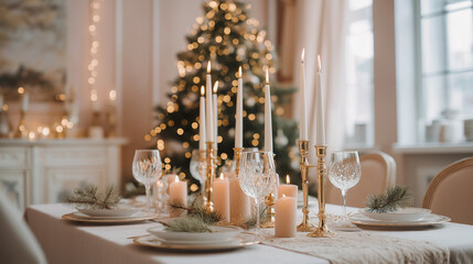 Beautiful Christmas Table Setting in Festive Living Room Interior