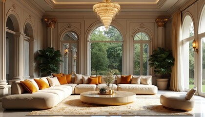 Luxurious neoclassical living room features plush sectional sofa, ornate chandelier, large arched windows overlooking garden greenery. Elegant interior design marble accents, columns, velvet pillows