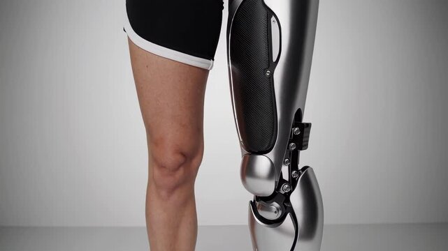 Close-up of a person's legs wearing a futuristic prosthetic limb with metallic design on a plain background. concept of advanced technology, prosthetic innovation, modern design.