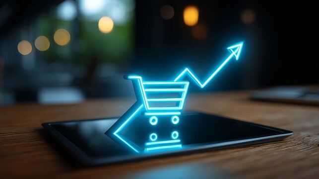Vibrant neon shopping cart and upward trending graph symbolize booming e-commerce growth on digital device