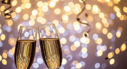 Champagne Toasting Glasses with Bokeh Lights Background for Celebration