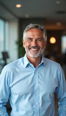 Obraz premium Mature businessman headshot with smile. Senior man in blue shirt poses indoors. Leader expresses positive emotions, shows trustworthiness. Successful manager presents confidence. Portrait captures