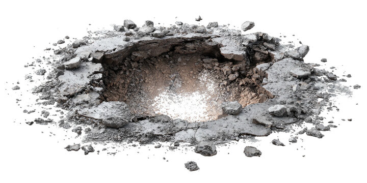 A close-up illustration depicts a hole in the ground with shattered concrete and glowing center