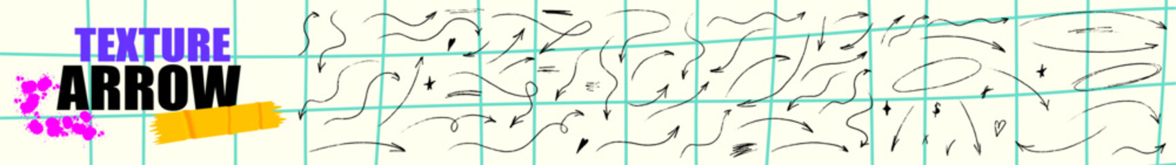 Messy scrawl arrow made with crayon strokes and chalk dust. Playful line flow repeats the raw beauty of crayon marks and organic arrow form.