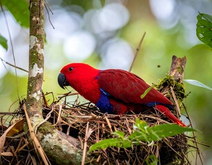 Female Eclectus Parrot Nesting in the Rainforest Canopy.