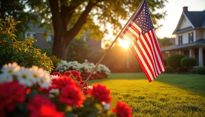 American flag waves gently in a suburban garden at sunset. Red flowers bloom alongside green grass near a house. The scene conveys patriotism and peacefulness during summer day.