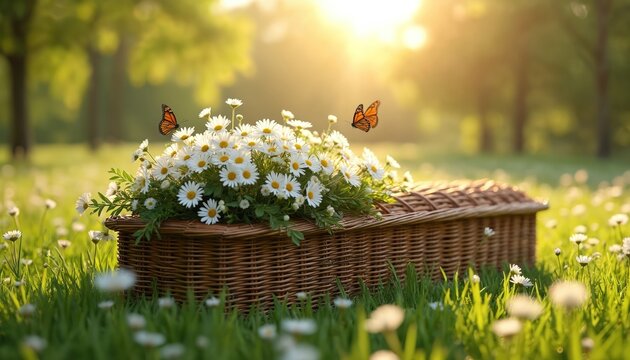 Woven coffin rests in field. Daisies adorn the lid. Orange butterflies fly over. Sunlight filters through trees creating peaceful scene of memorial.