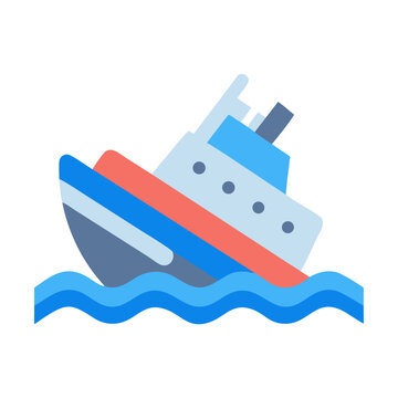 Sinking ship illustration amidst ocean waves on black background