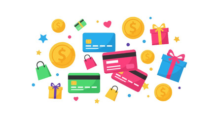 Vibrant illustration of credit cards coins and gifts representing shopping rewards and online payment. Flat Vector Illustrations. EPS Editable