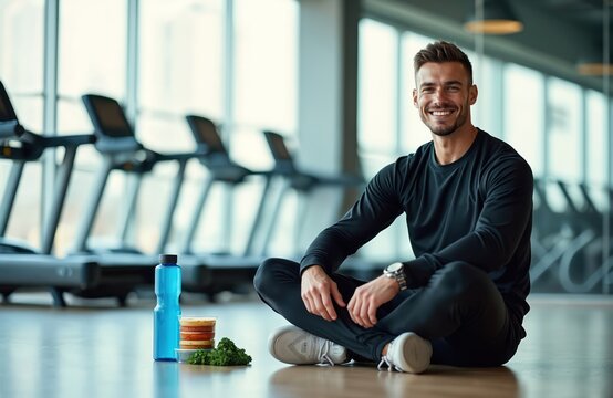 Man rests cross legged after workout session. He smiles looking at the camera. Gym interior background with treadmills. Sportsman has a water bottle and healthy snack. Person has a wellness lifestyle.
