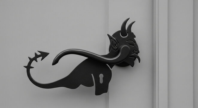 Whimsical, dark, devil-shaped doorknob handle on a light door.
A close-up, black and white photograph highlighting a unique and decorative door handle