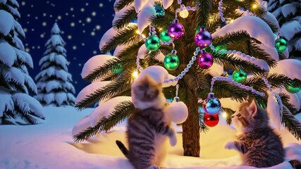 Adorable kittens playing under a snowy christmas tree adorned with colorful ornaments and twinkling lights on a winter night. concept of festive holiday joy, cozy winter scene. - Powered by Adobe