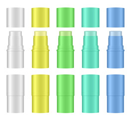 Mockup of open and closed cosmetic sticks. Cosmetic tube. Eye shadow pen, highlighter or bronzer. Face paint. Green, teal, blue, yellow, and white containers.