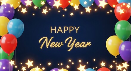 Festive Happy New Year Background with Balloons and Star Lights