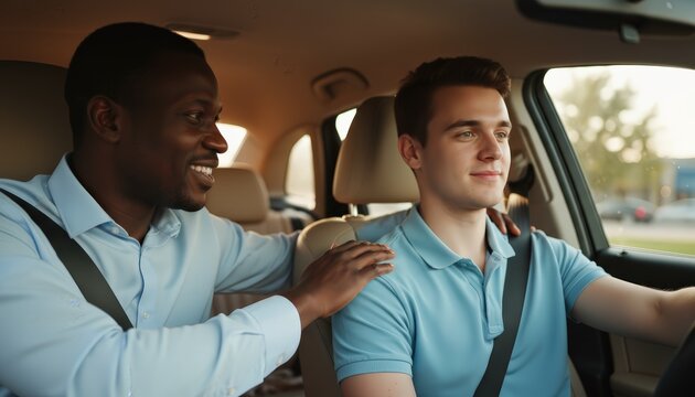 African american male instructor comfortably guiding a caucasian student getting driving lessons, focusing on concentration and responsible training in a modern vehicle - Powered by Adobe