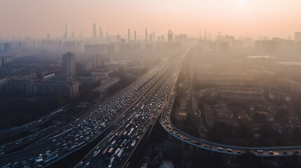 Aerial view of a large city highway filled with heavy traffic during hazy sunrise, showing dense urban landscape and atmospheric smog
