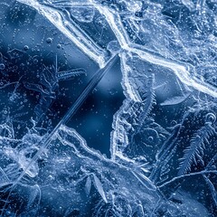 Macro shot of frozen water, showcasing intricate ice crystal patterns and textures, creating a mesmerizing abstract design with a cool, blue color palette