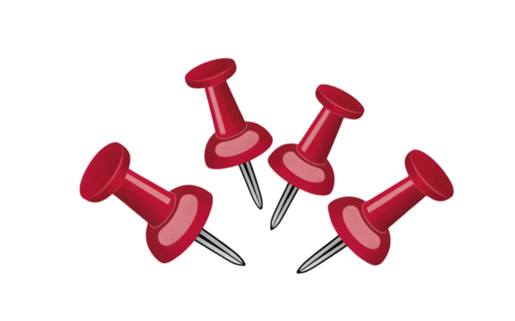 Four red thumbtacks on black background pushpin office supply