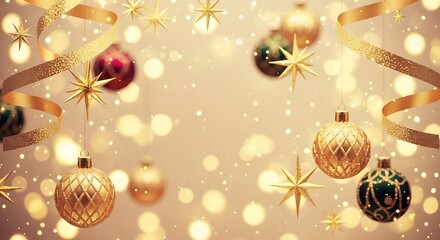 Elegant Christmas Background with Golden Baubles, Stars and Bokeh Lights