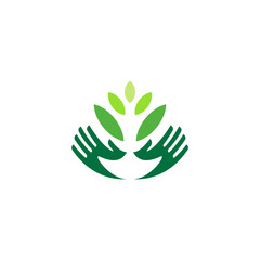 Leaf hand green Logo. Perfect for eco brand, farming, herbal product, and nature care. Elegant minimalist line logo.
