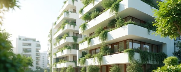 Modern apartment building eco friendly design. Exterior facade with plants creates sustainable urban habitat. Contemporary architecture presents green living concept promoting environment protection.