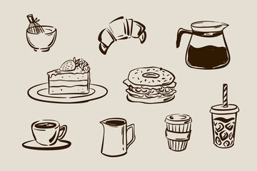 Hand-drawn cafe elements set with coffee, desserts, and drinks. Vector illustration with croissant, coffee cup, teapot, cake, bagel, and takeaway beverages. Perfect for coffee shop branding.