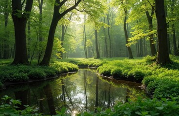 Obraz premium Sunlight filters through lush green trees onto a calm forest stream reflecting the verdant surroundings. Overgrown banks and a tranquil pond create a serene, natural wetland.