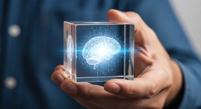 Human Hand Holding A Glowing Brain Hologram Inside A Glass Cube