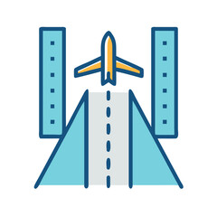 Stylized airplane taking off from an airport runway illustration