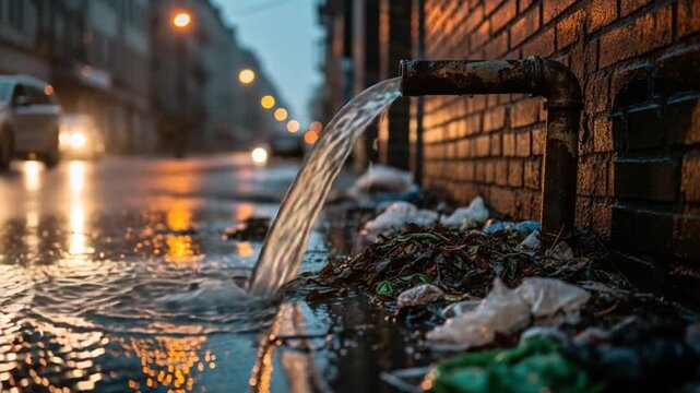 Urban Drainage: An close-up view capturing the powerful torrent of water cascading from an aged pipe, pooling onto the weathered pavement, and creating an evocative scene of urban infrastructure.