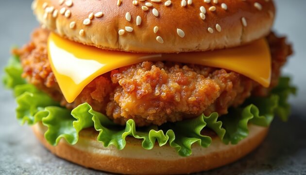 Close up on chicken burger with cheese slice. Sandwich includes lettuce and sesame bun. Tasty meal for lunch, fast food snack. Unhealthy eating lifestyle concept. - Powered by Adobe