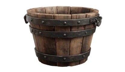 A rustic wooden bucket with metal bands and handles, isolated against a black background