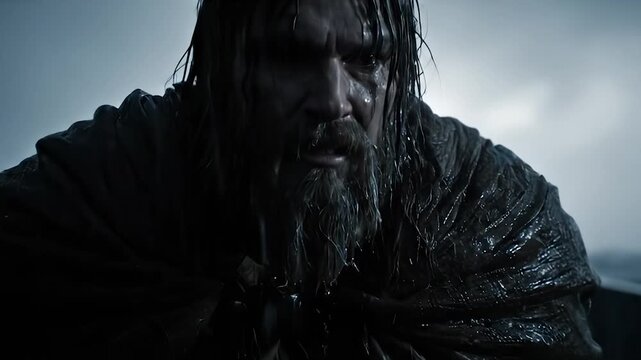 figure stands on ship deck under cloak and sword. beard wet from rain during storm. mast creaks while lightning splits sky. rope and wood glisten. night carries thunder. water slams against plank.