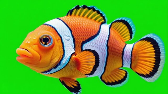 Close up of a clownfish with orange and white stripes on a green screen background image view green screen fish video