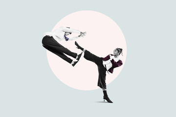 Flat design art. Businessmen fighting concept. Self-defense for women concept. Angry office workers in the city. Business fight.